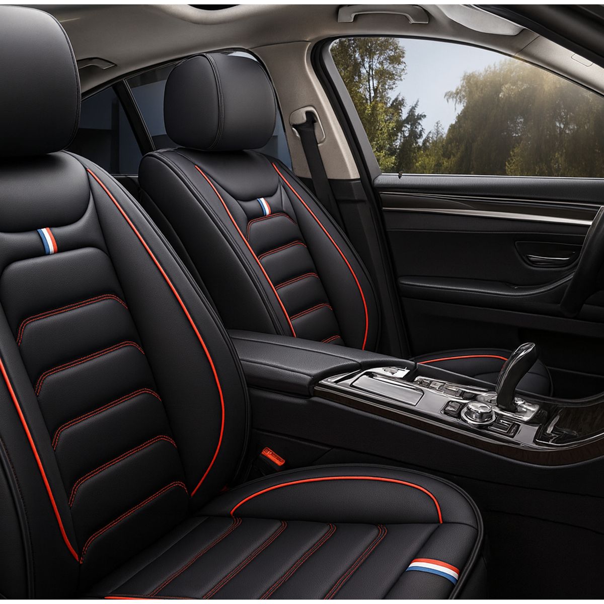 GENERICO - Fundas Cubre Asiento Auto Premium Luxury Negro Lineas Rojas
