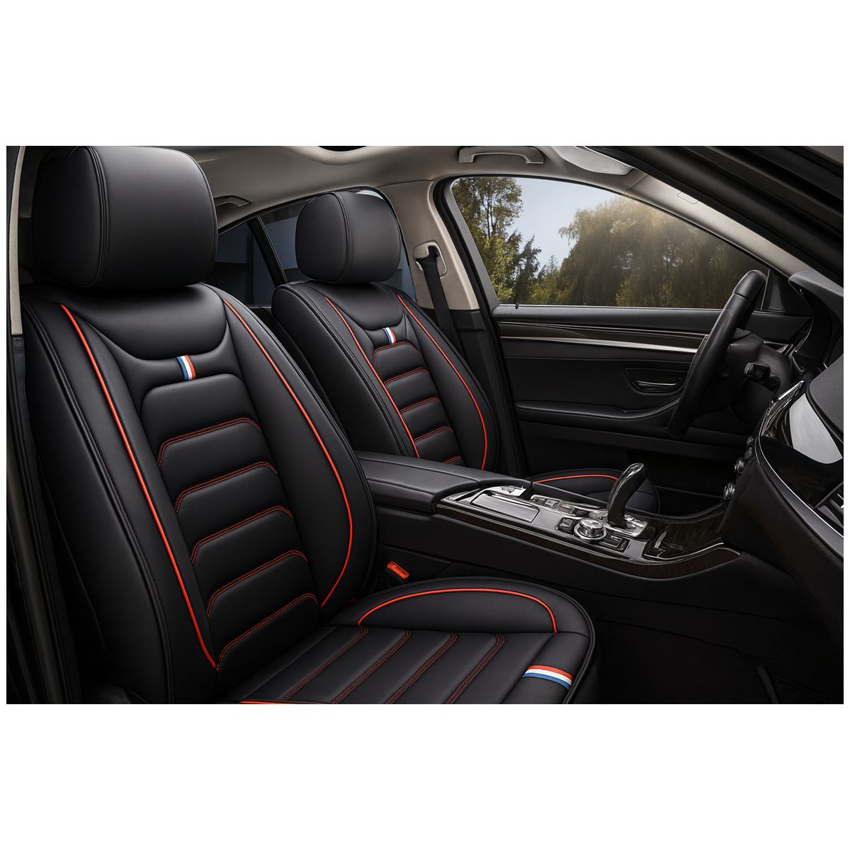 GENERICO - Fundas Cubre Asiento Auto Premium Luxury Negro Lineas Rojas