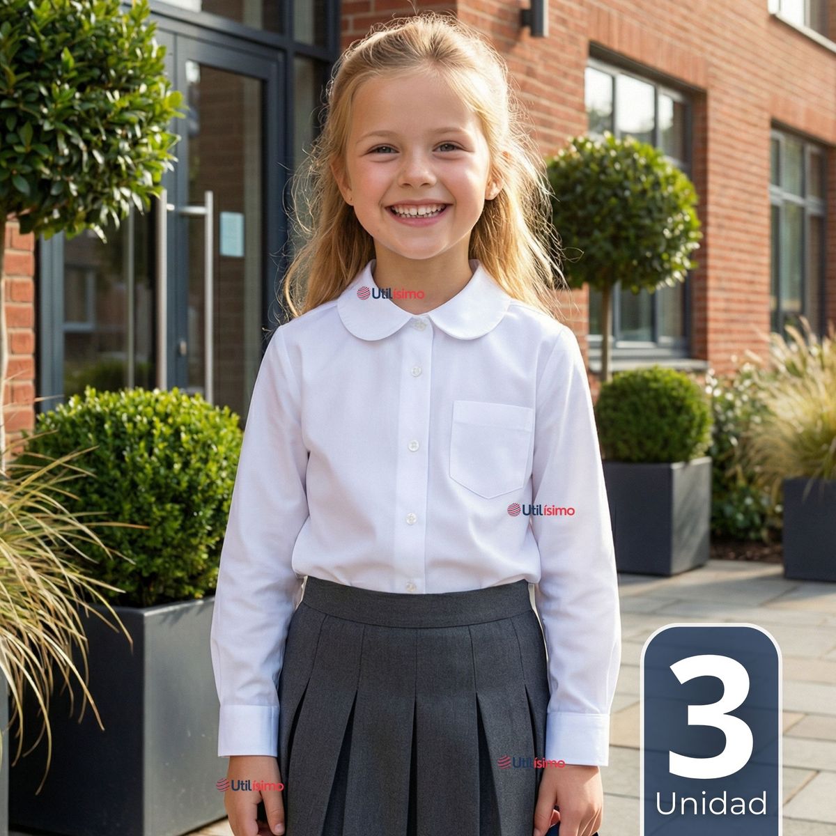 UTILISIMO - Pack 3 Blusas Escolar Camisa Blanca Manga Larga Colegio Para Niñas
