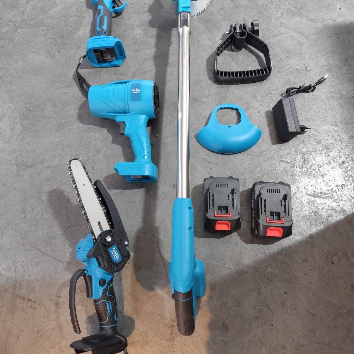 MOVI - KIT DE JARDINERIA 6 EN 1, ORILLADORA, TIJERA, MINI MOTOSIERRA, SOPLADORA,2 CORTA SETOS Y BRAZO TELESCOPICO