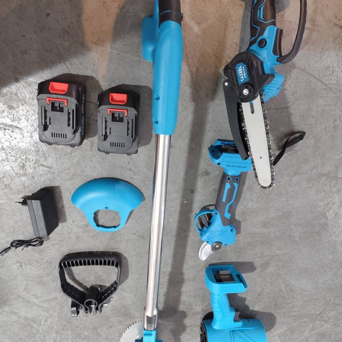 MOVI - KIT DE JARDINERIA 6 EN 1, ORILLADORA, TIJERA, MINI MOTOSIERRA, SOPLADORA,2 CORTA SETOS Y BRAZO TELESCOPICO