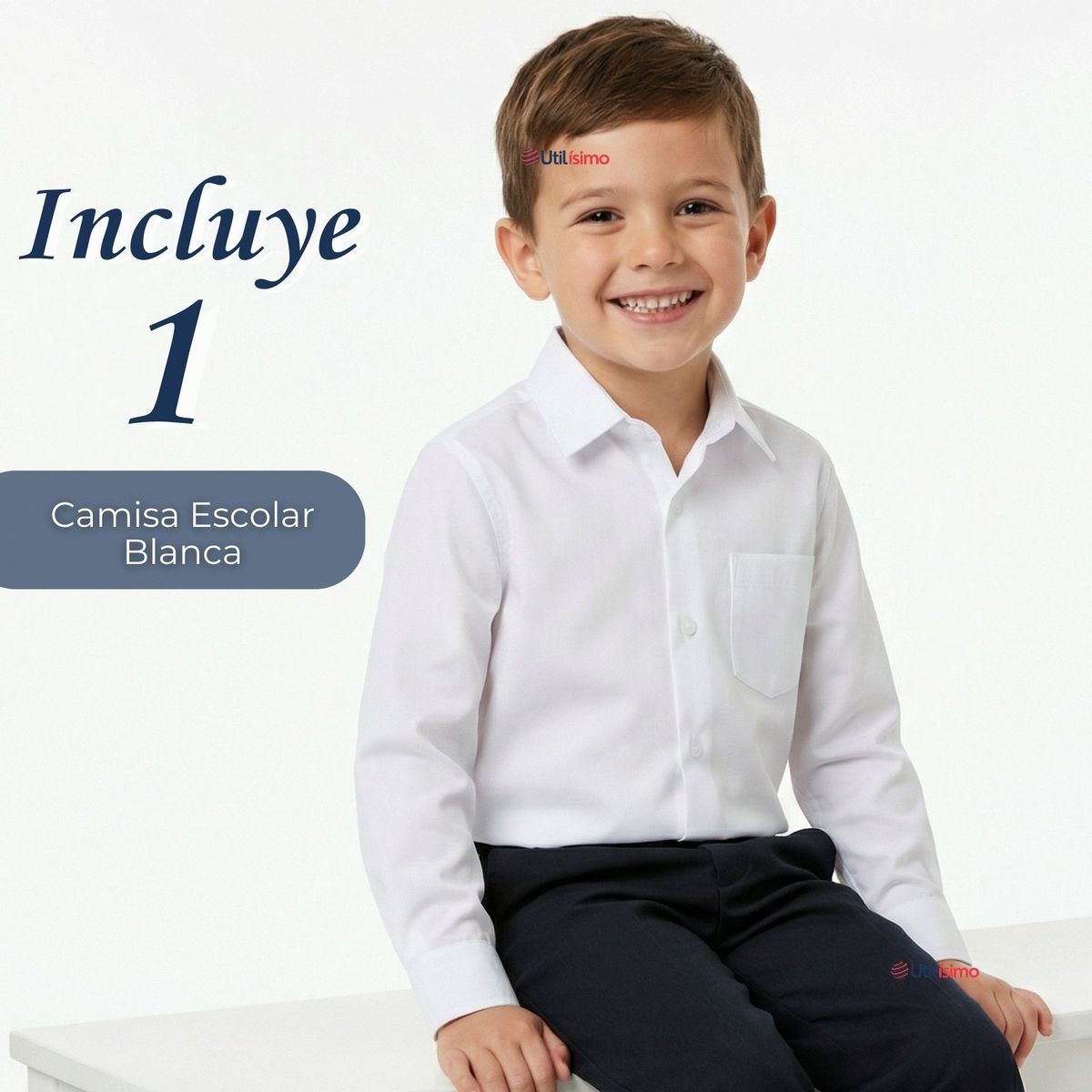 UTILISIMO - Camisa Escolar Blanca Manga Larga Colegio para Niños
