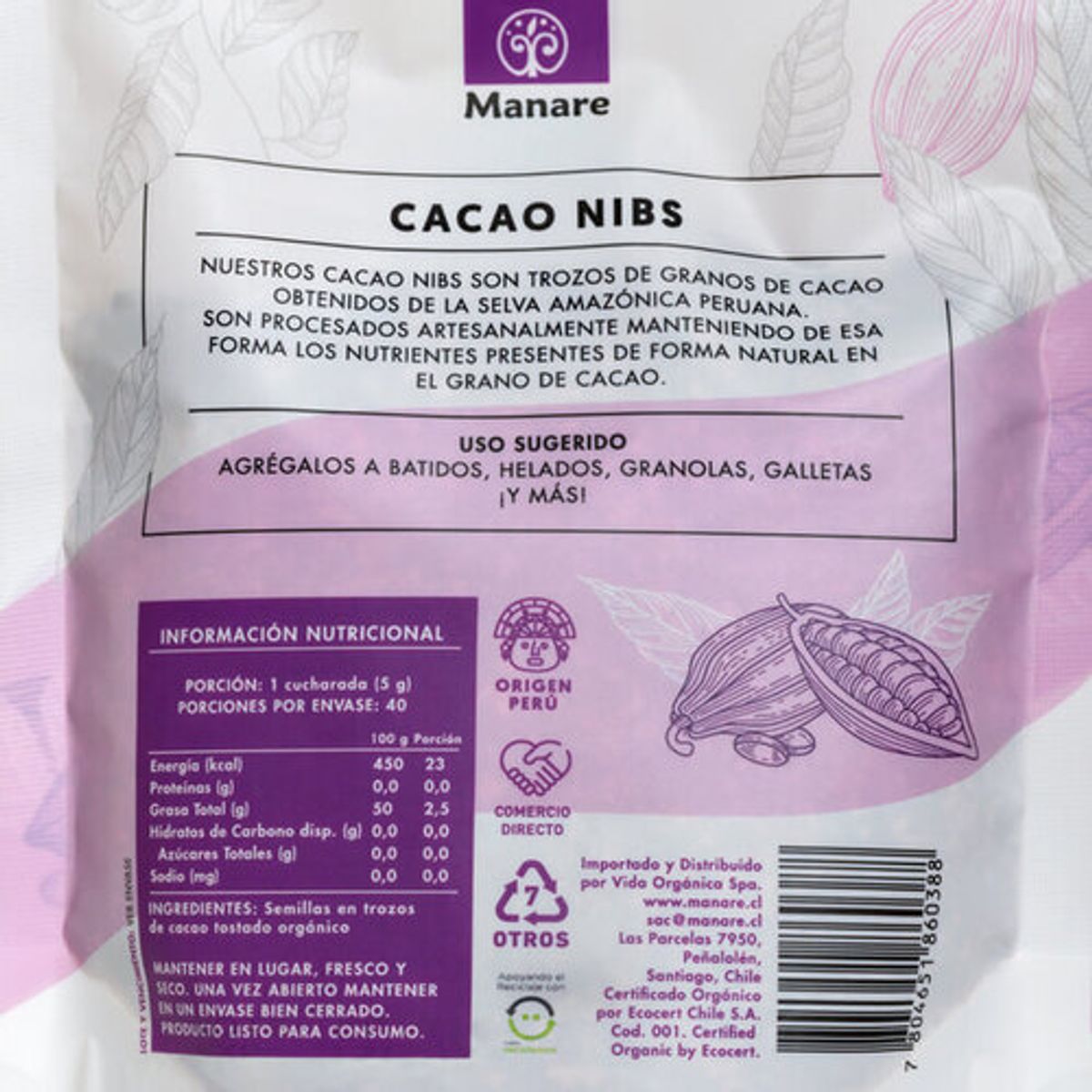 MANARE - Cacao nibs orgánico 200 g, manare
