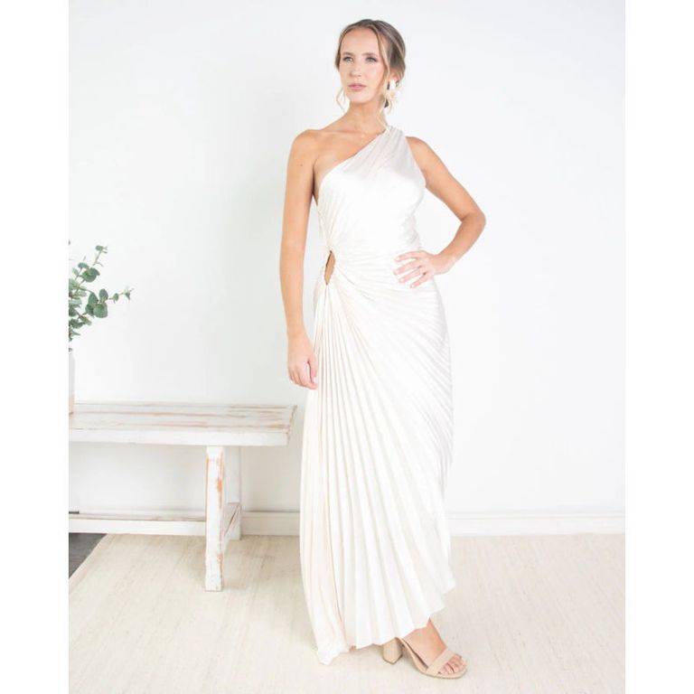 Vestido Largo Lucia un Hombro Perla Beige S