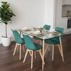 PANDALINO - Comedor Mesa Vitreo 120x80 + 4 Sillas Tulip Verde Esmeralda