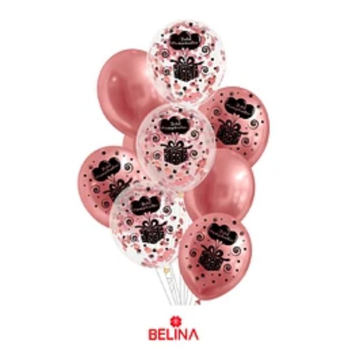 GENERICO - Set de globos látex feliz cumpleaños oro rosa con confeti 9pcs