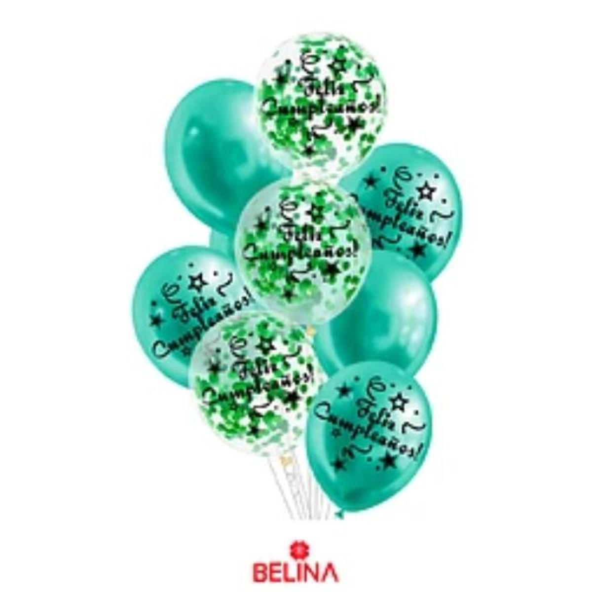 GENERICO - Set de globos látex feliz cumpleaños verde con confeti 9pcs