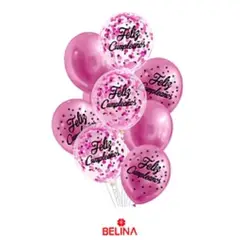 GENERICO - Set de globos látex feliz cumpleaños rosa con confeti 9pcs