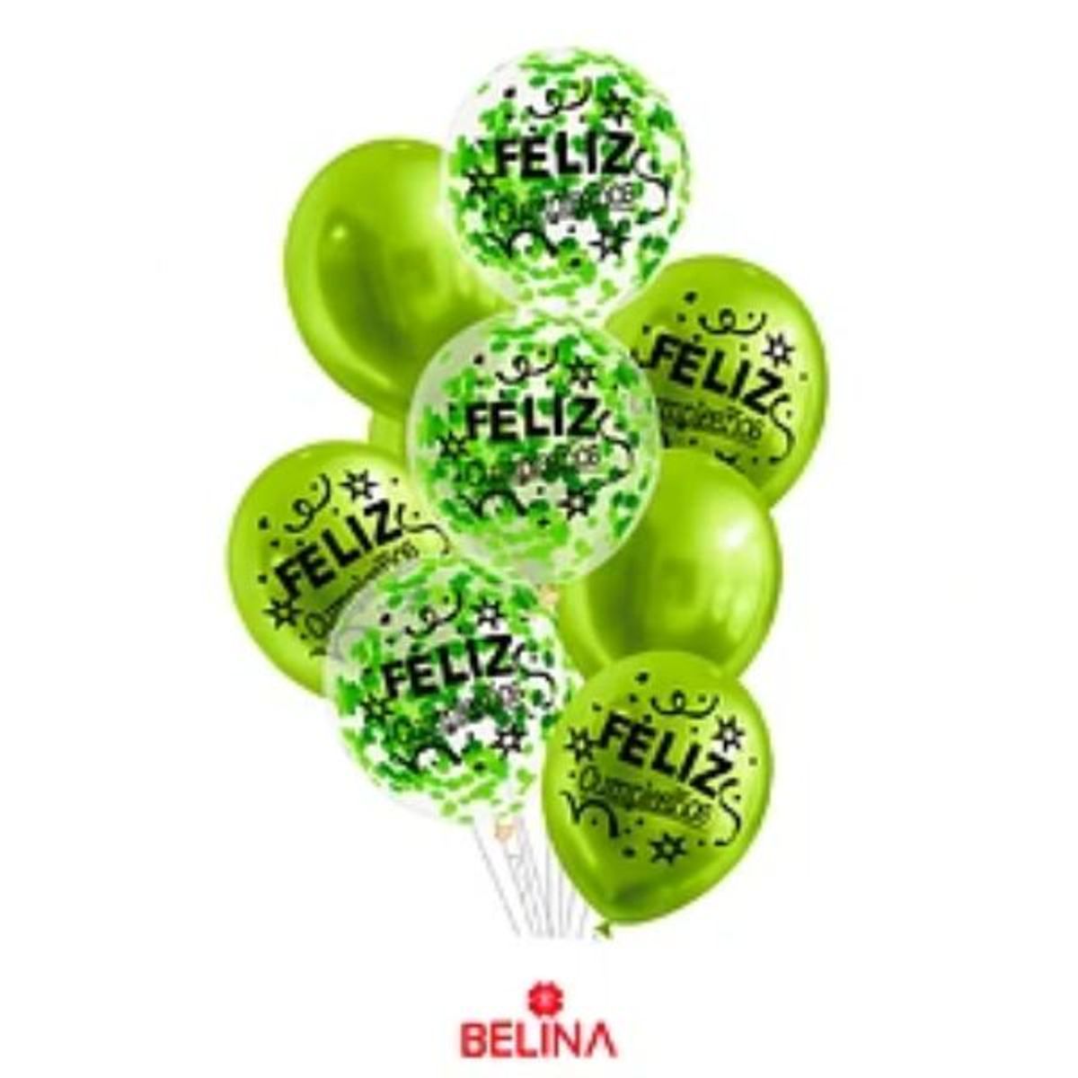 GENERICO - Set de globos látex feliz cumpleaños verde con confeti 9pcs