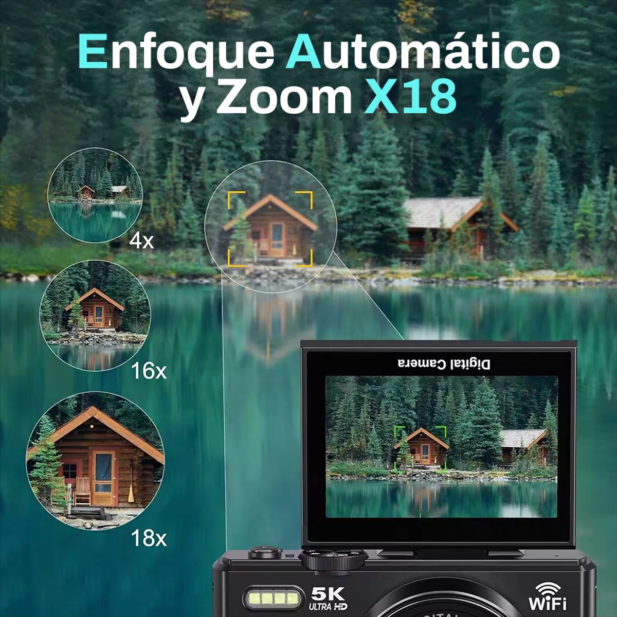 SHOOT - Cámara 5K Digital Fotografíca 75MP con Pantalla Giratoria - Negro