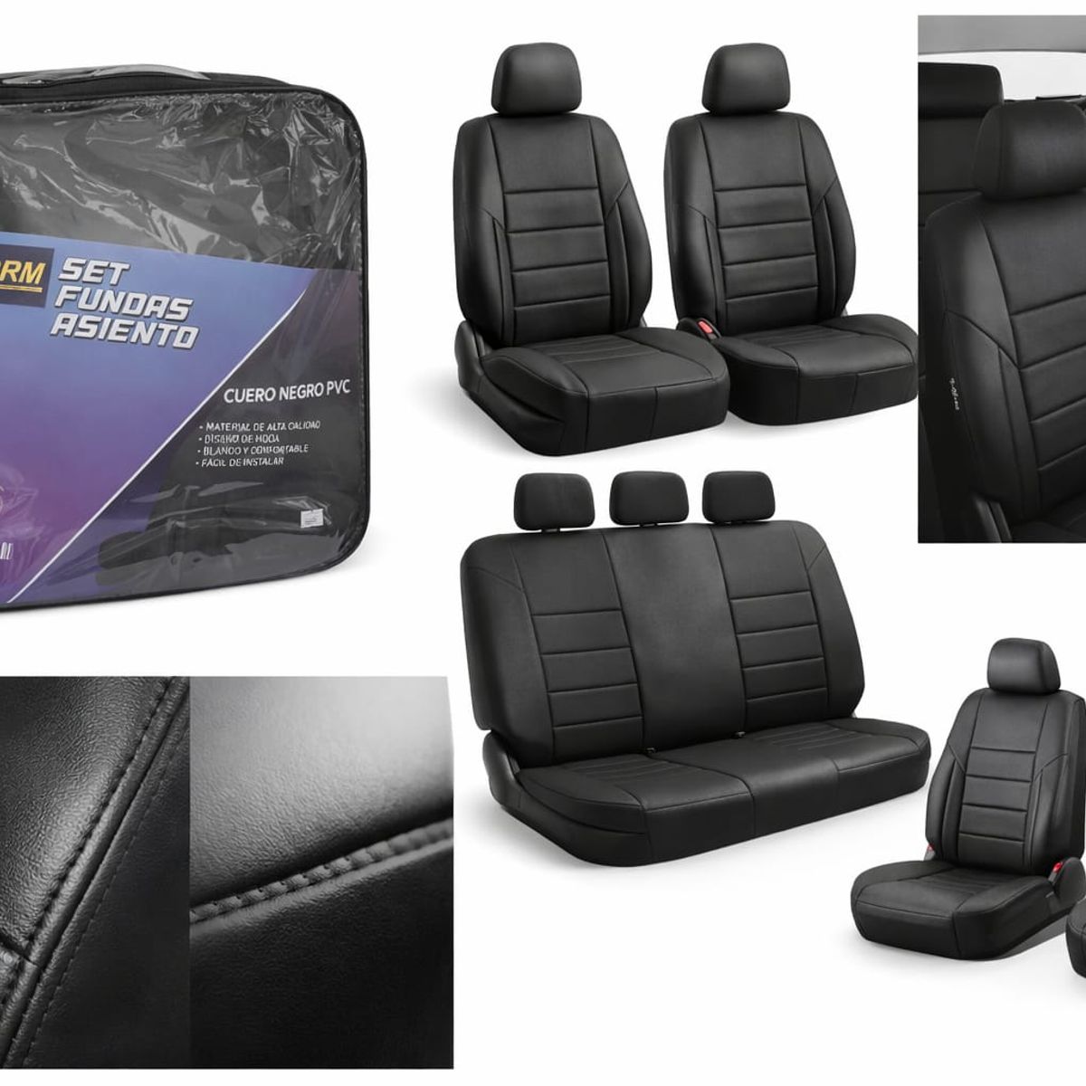 GENERICO - Set Fundas de Asiento Auto 5 Plazas Cuero Sintético PVC Negro Universal