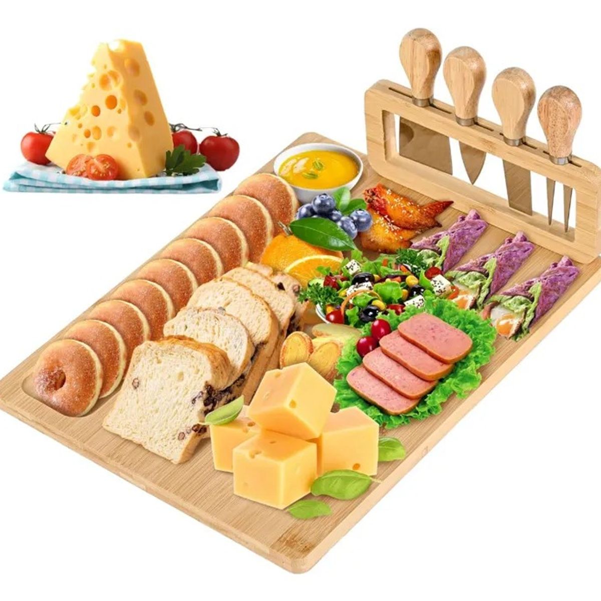 EVERSO - Tabla Para Picar Queso De Madera Bambú + 4 Utensilios Lisa Marrón Claro