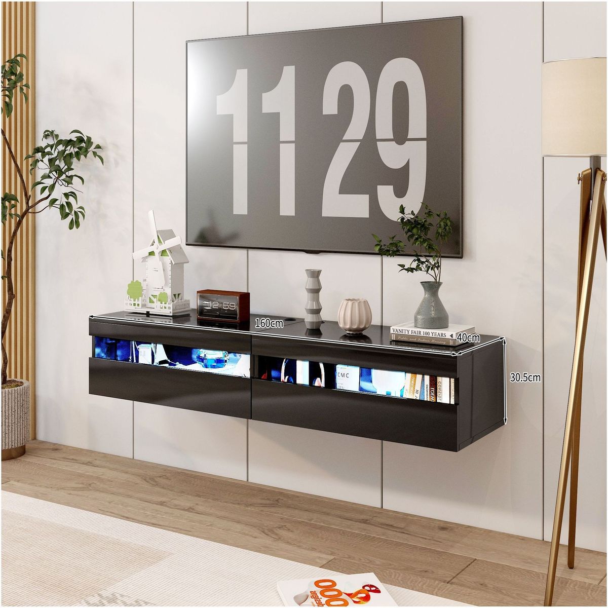 HOMER DESIGN - Rack Tv 160x40x30cm Con Luz variable Melamina Alto