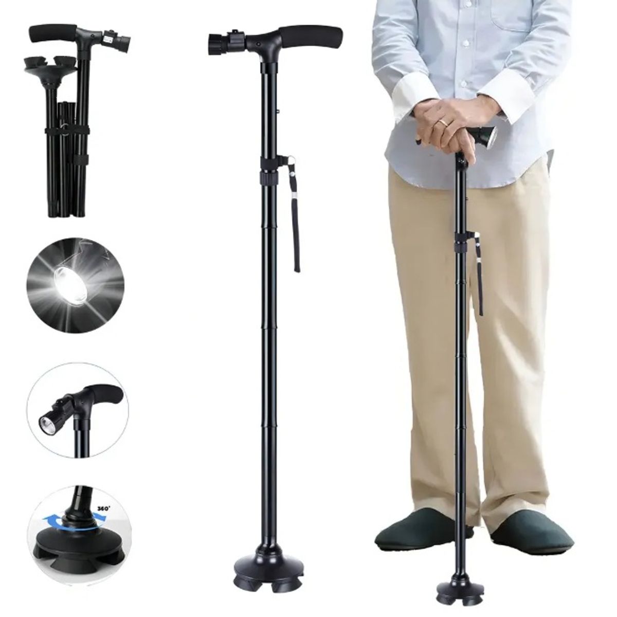 MOVI - Bastón Ortopédico Plegable con Luz Led