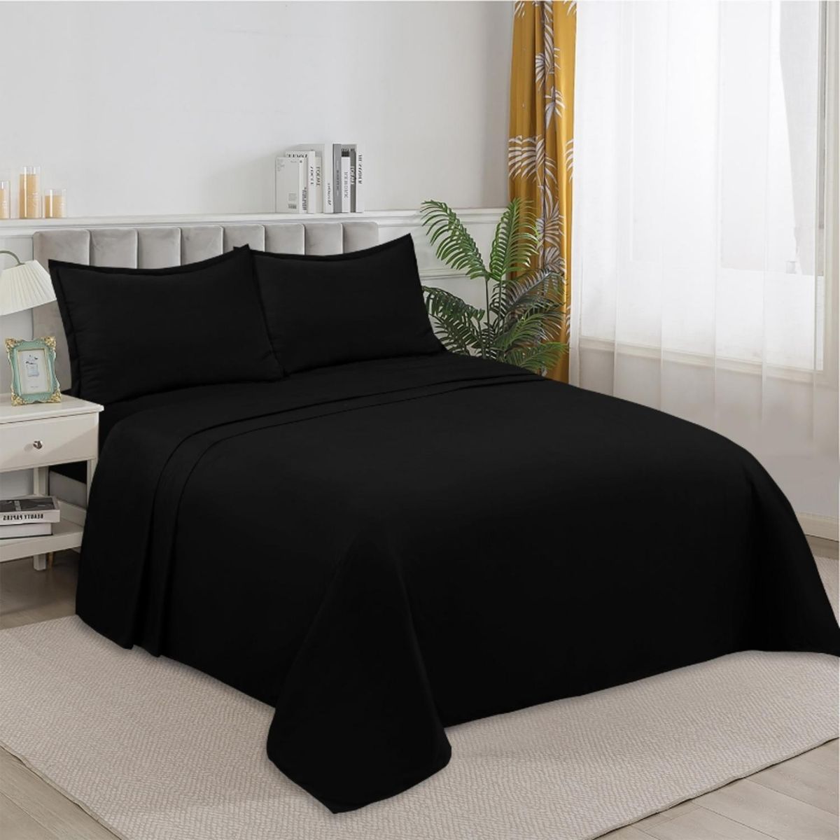 GENERICO - Juego De Sabanas De 200 Hilos Cama 2 Plazas + 2 Fundas - Negro - 2 Plazas