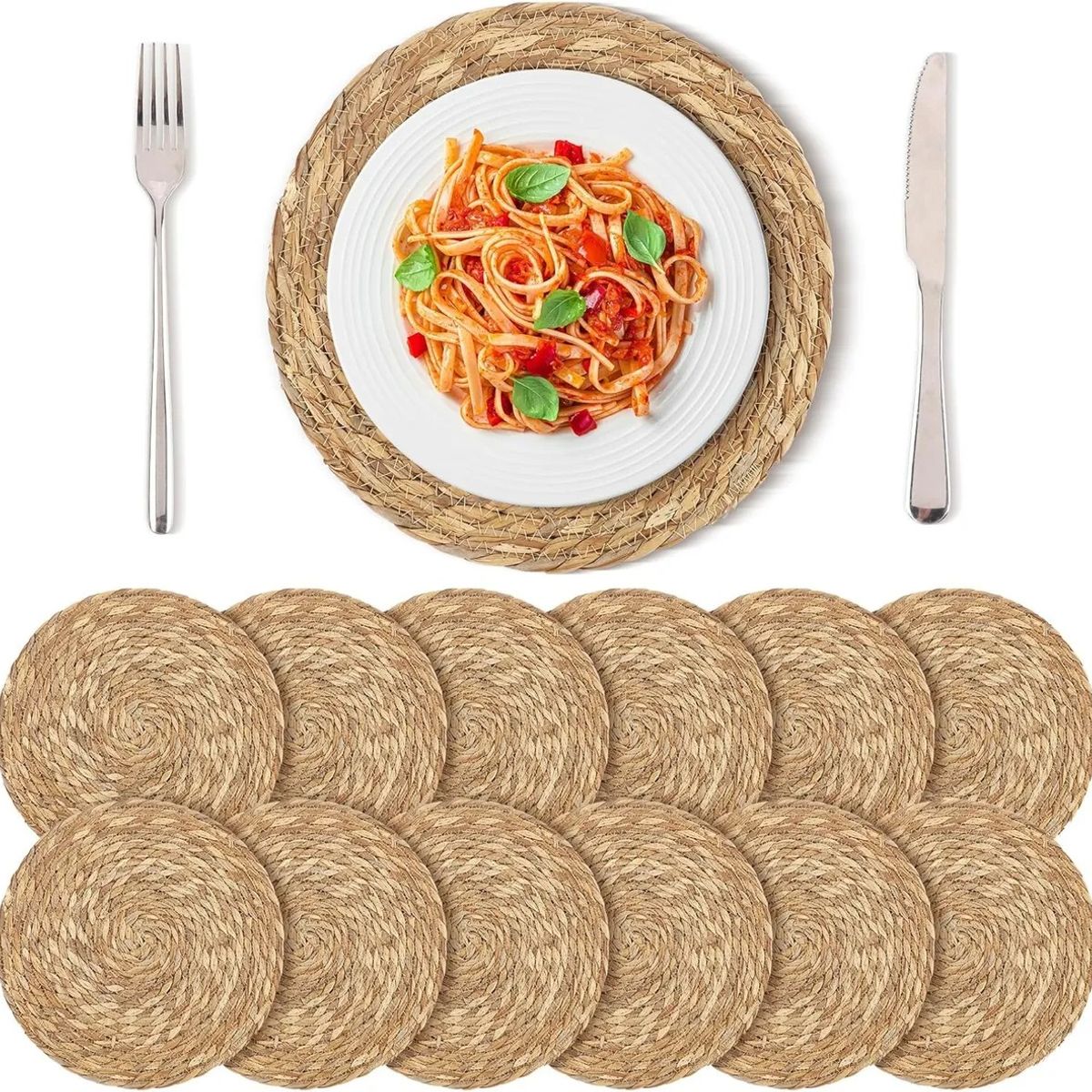 EVERSO - Set 6 Individuales Mantel Fibra Natural Yute 35 Cm Redondos Beige