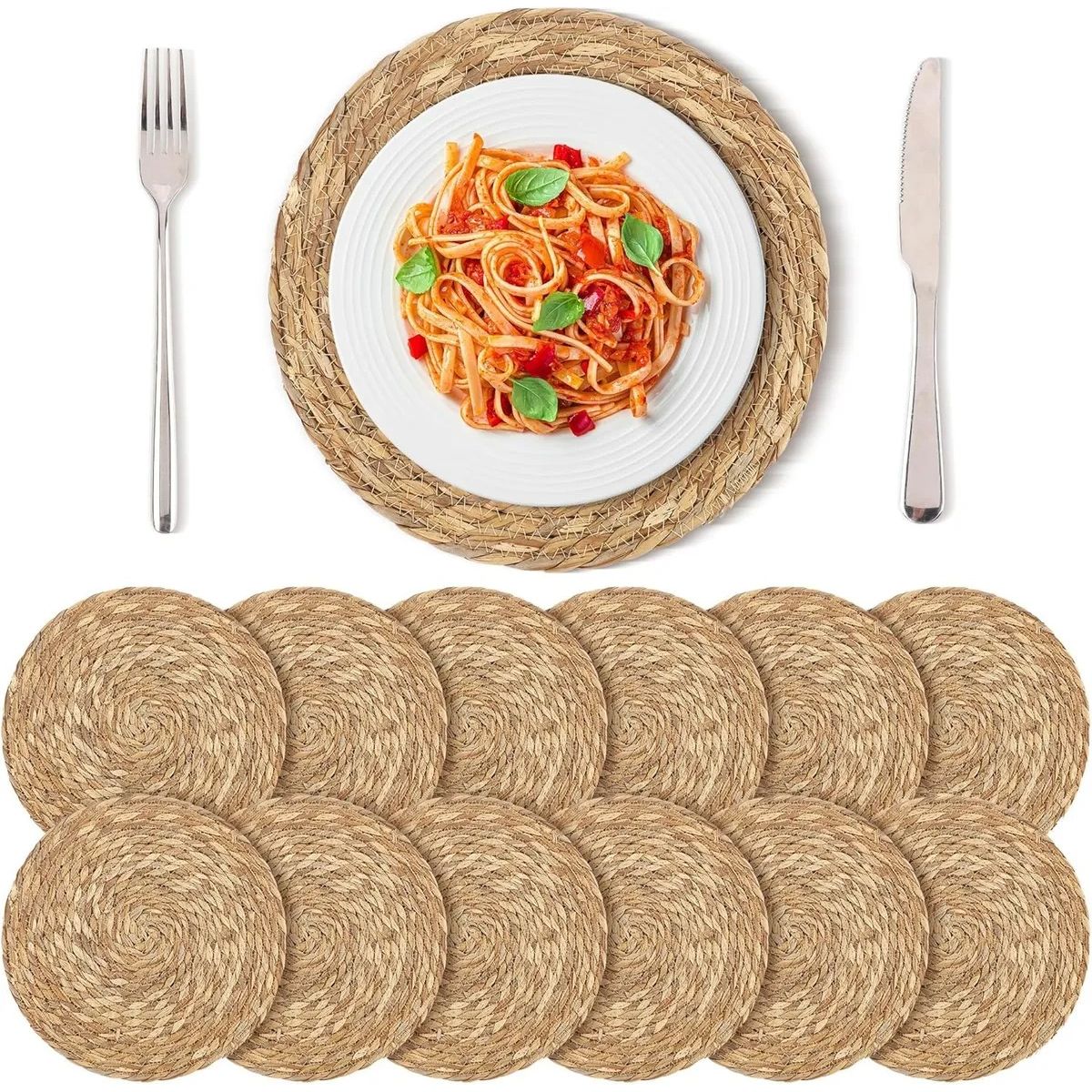 EVERSO - Set 6 Individuales Mantel Fibra Natural Yute 35 Cm Redondos Beige