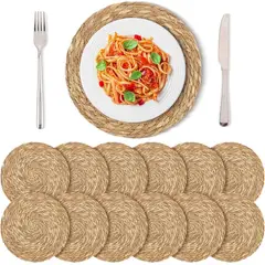 EVERSO - Set 6 Individuales Mantel Fibra Natural Yute 35 Cm Redondos Beige