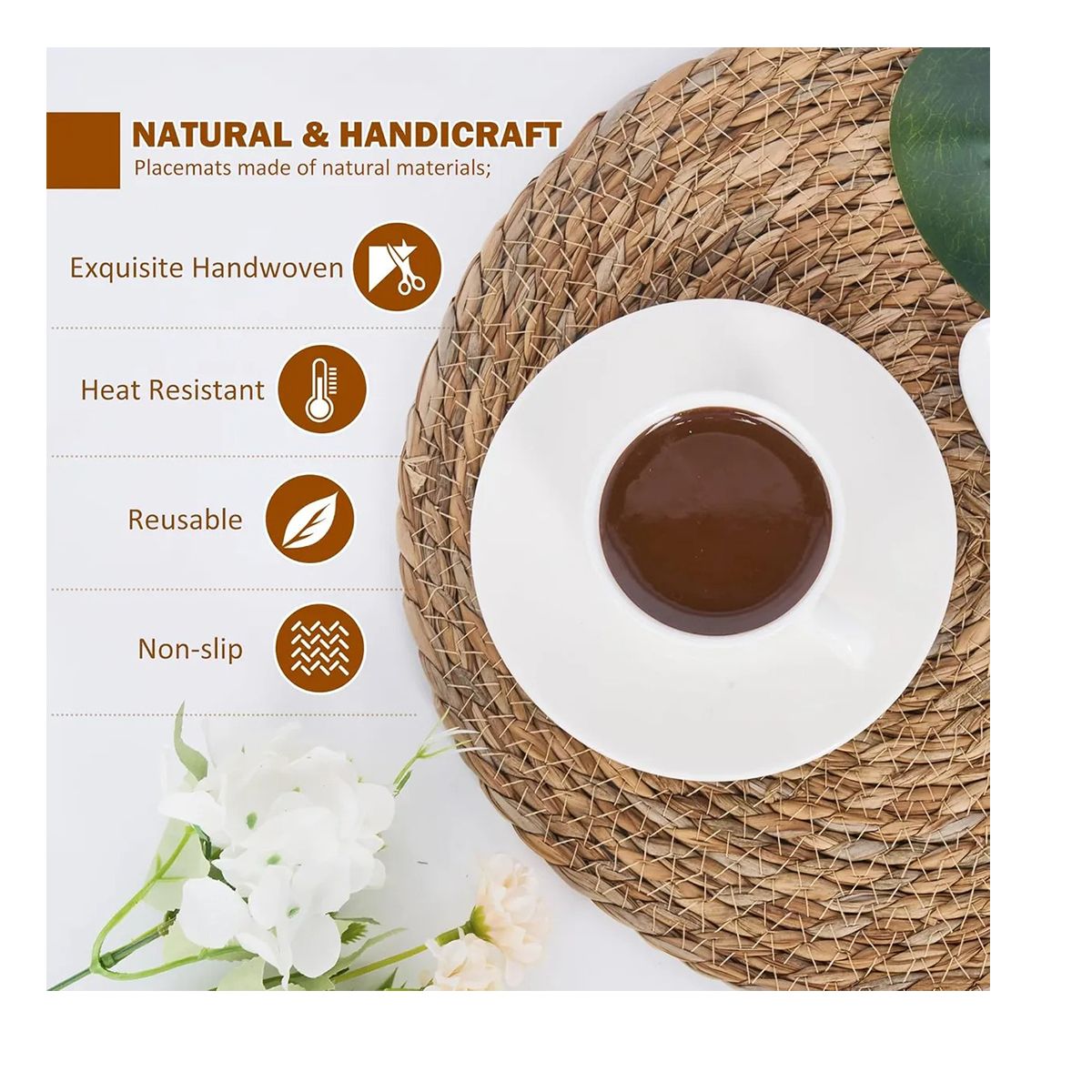 EVERSO - Set 6 Individuales Mantel Fibra Natural Yute 35 Cm Redondos Beige