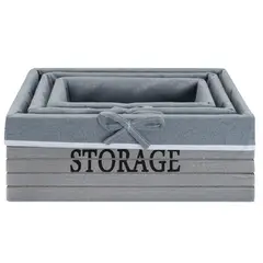 VGO - Canasto set de 3 cont. en madera con tela gris