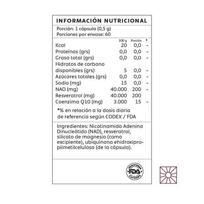 Imagen 2 del producto Nad+ Resveratrol + Q10 - Mind Nutrition - 60 Cápsulas Sin Sabor