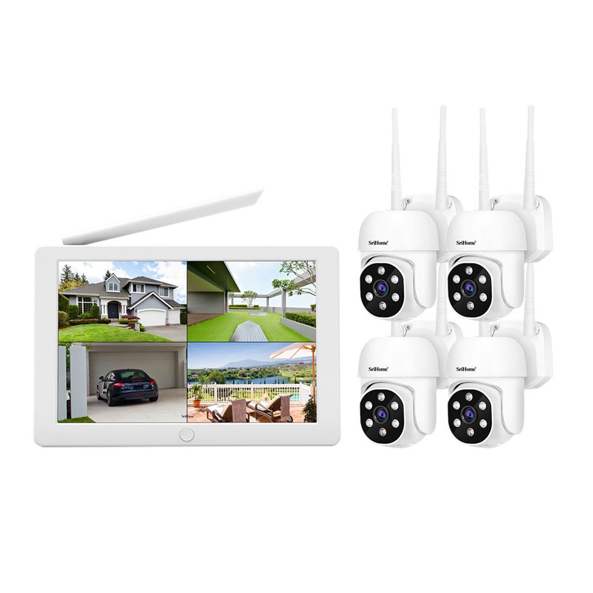 SRIHOME - Kit NVR Srihome 4 camaras IPC030 PTZ Wifi 2MP + NVR NVS009 con pantalla 8CH