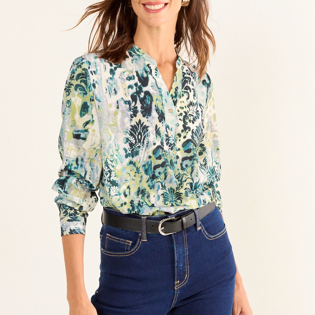 MA GRIFFE - Blusa Cuello Mao Estampada Mujer Verde Oliva Magriffe