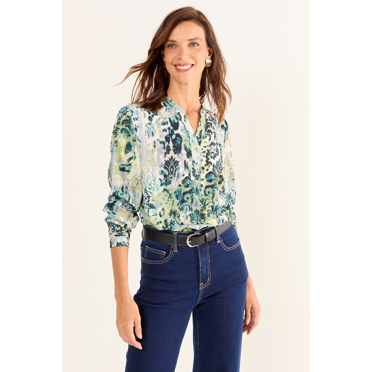 MA GRIFFE - Blusa Cuello Mao Estampada Mujer Verde Oliva Magriffe