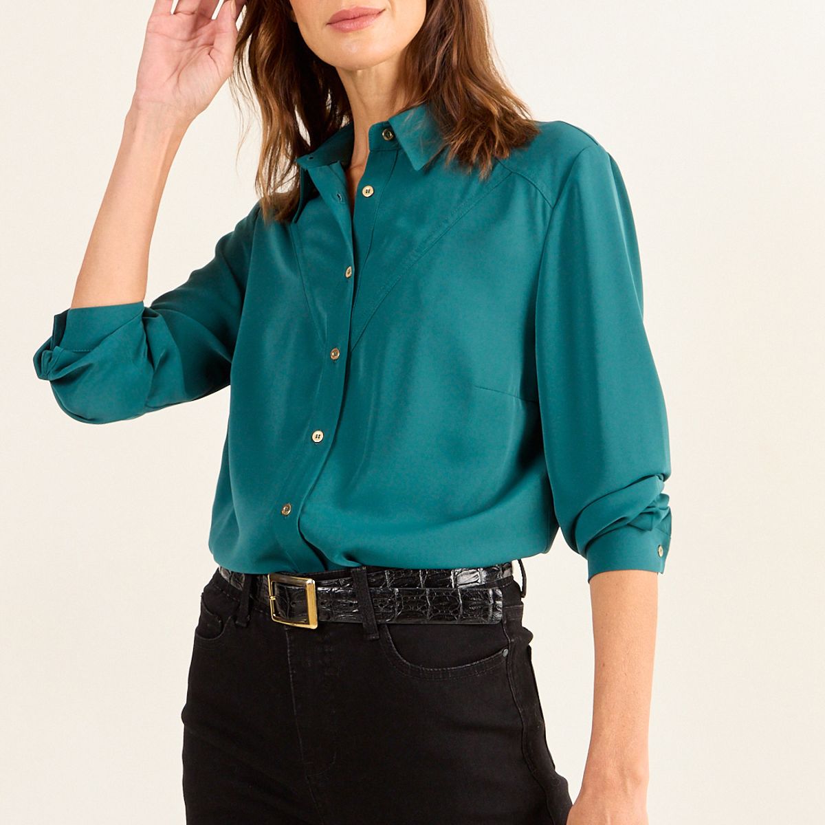 MA GRIFFE - Blusa Camisera Cortes Mujer Turquesa Oscuro Magriffe