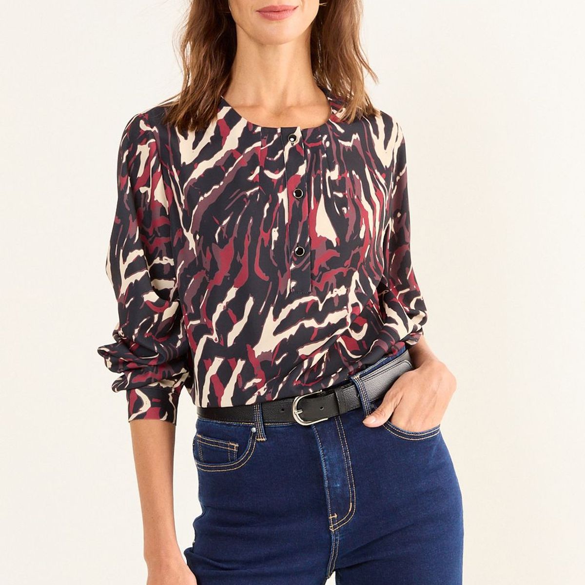 MA GRIFFE - Blusa Cuello Redondo Estampada Mujer Negro Magriffe