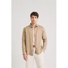 VELEZ - Vélez Camisa Manga Larga Lino Hombre Semifit Canela