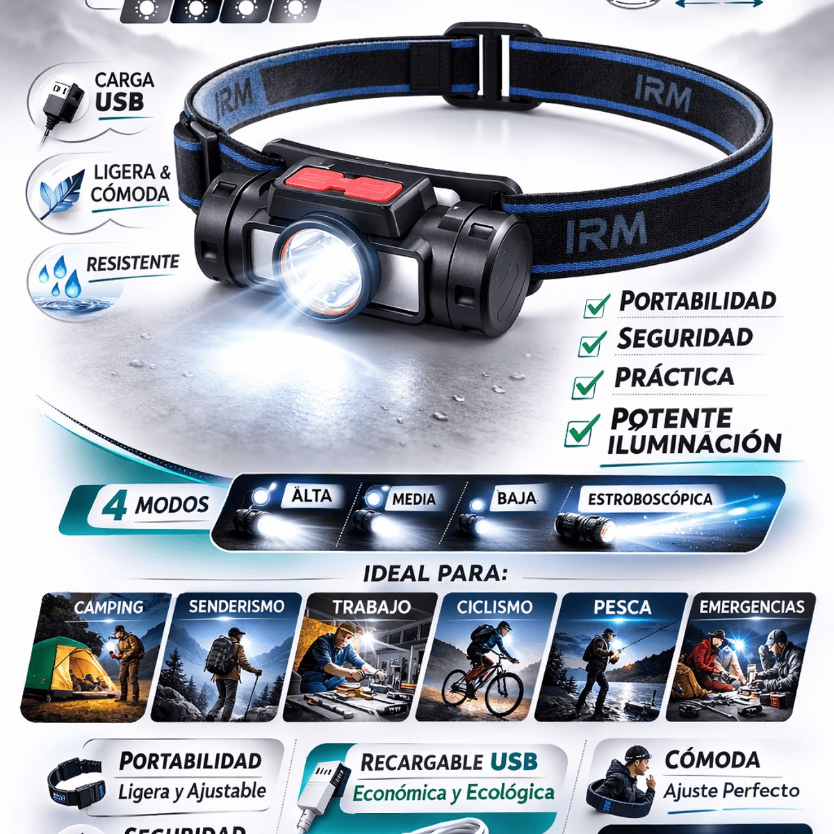 IRM - Linterna Frontal LED Recargable USB con 4 Modos