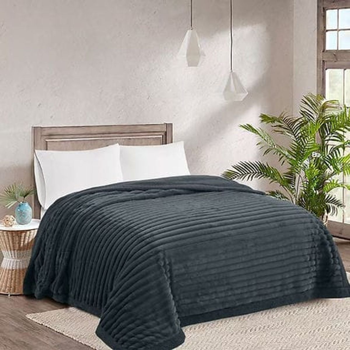 GENERICO - Frazada Plush Acanalada 2 p Medida 200x230 cm, Gris (Sin Fundas)