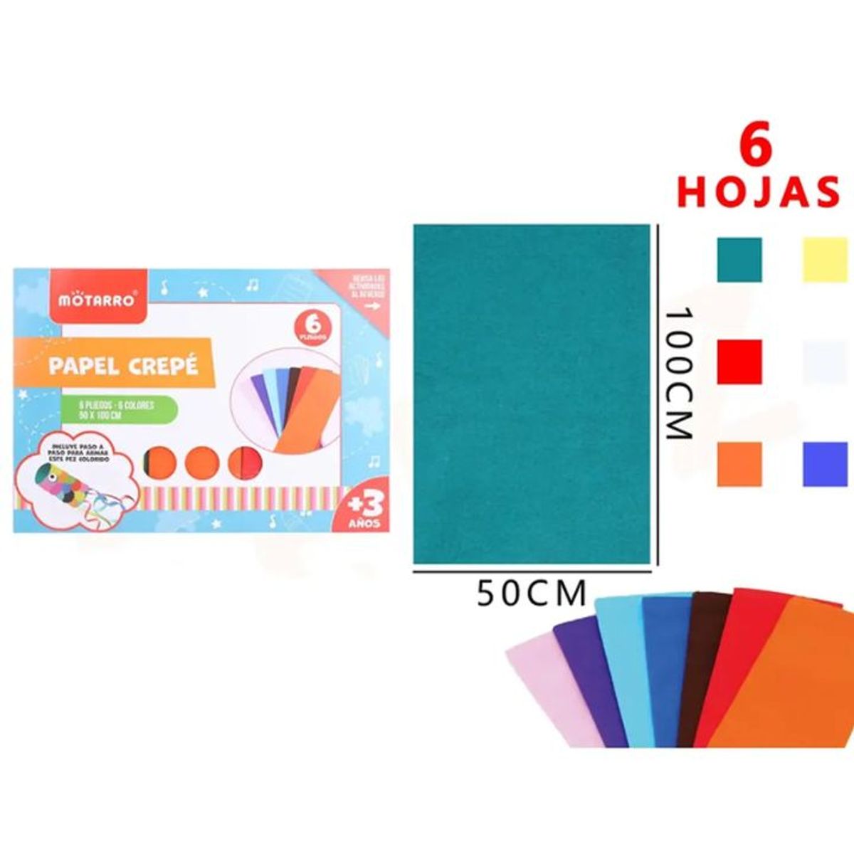 GENERICO - Papel Crepé 100x50cm 6Hojas Colores Surtidos