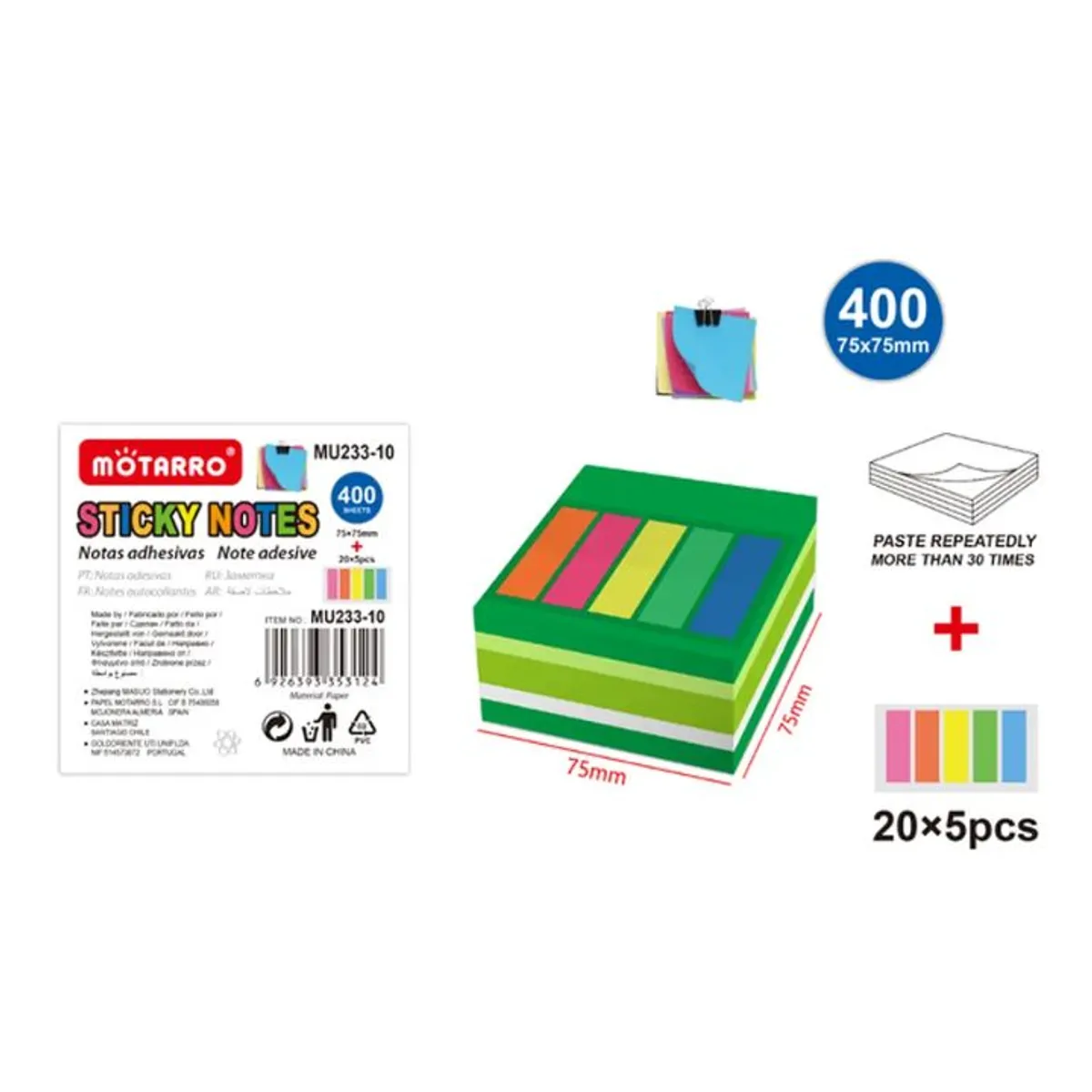 GENERICO - Set De Notas Adhesivas Post-It V2 400H 75x75mm