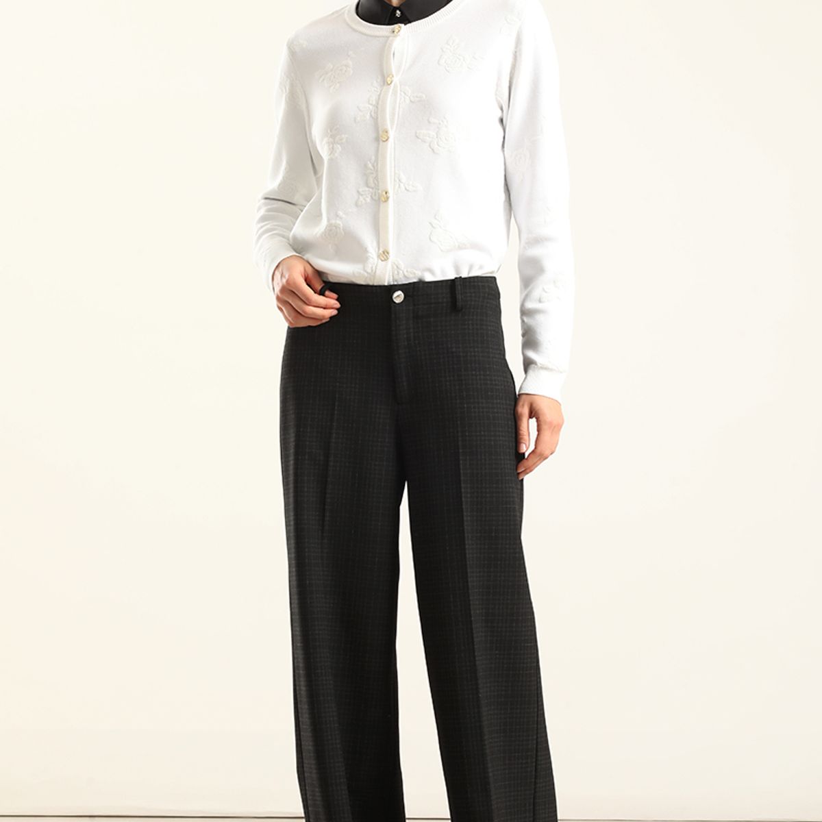 LIOLA - Pantalon Ancho Cuadros Fantasia, Negro Liola