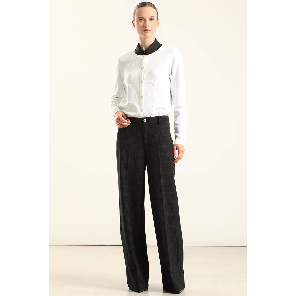 LIOLA - Pantalon Ancho Cuadros Fantasia, Negro Liola