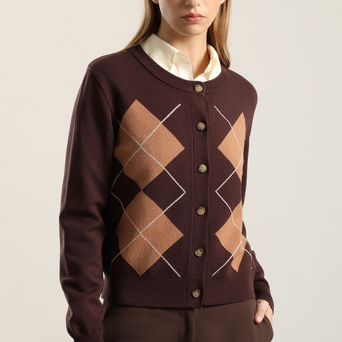 LIOLA - Cardigan Punto, Rombo Lurex, Cafe Liola