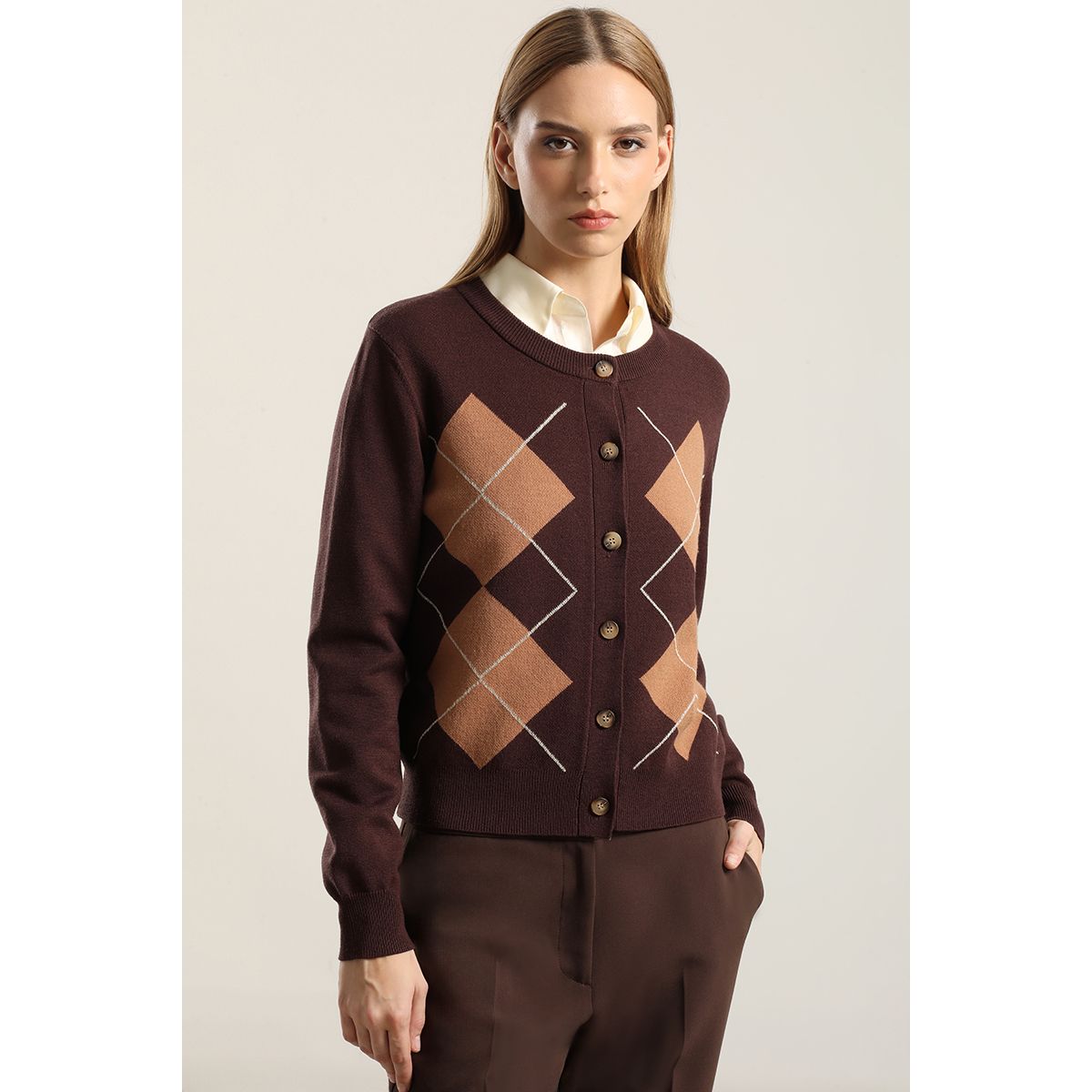 LIOLA - Cardigan Punto, Rombo Lurex, Cafe Liola