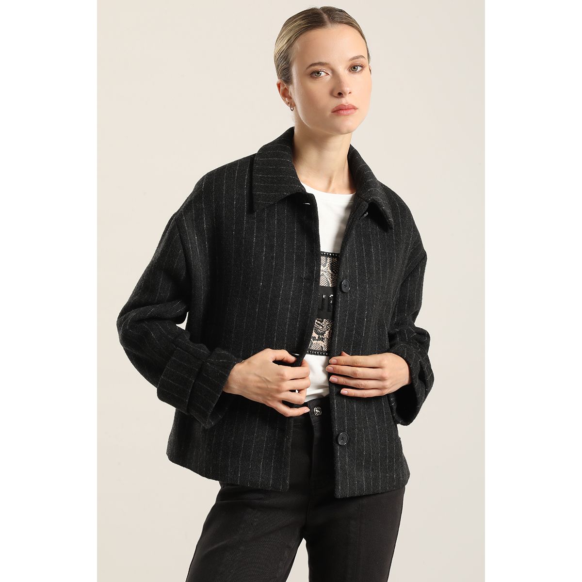 LIOLA - Chaqueta Con Lana, Listado Gris Liola