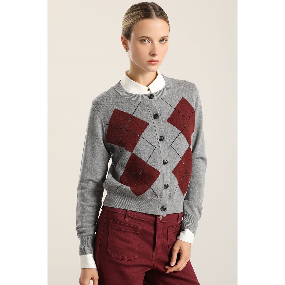 LIOLA - Cardigan Punto, Rombo Lurex, Gris Liola