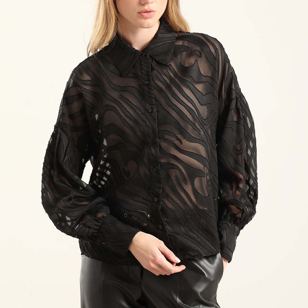 LIOLA - Blusa Fantasia Cebra Semitransparente, Negro Liola