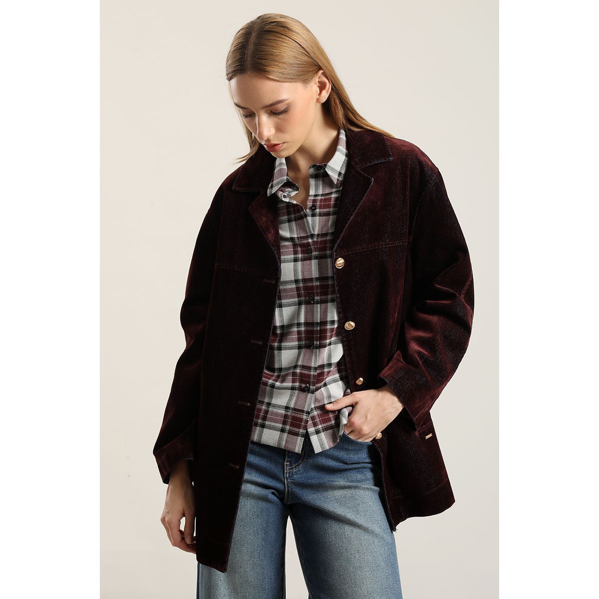 LIOLA - Chaqueton Gabardina Efecto Terciopelo, Chocolate Liola