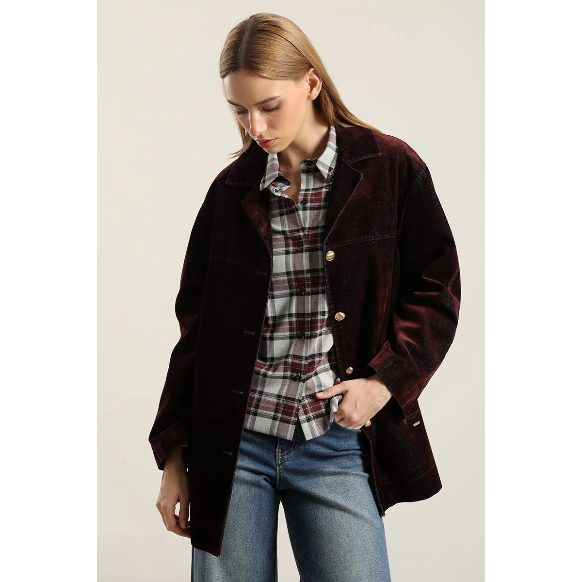 LIOLA - Chaqueton Gabardina Efecto Terciopelo, Chocolate Liola
