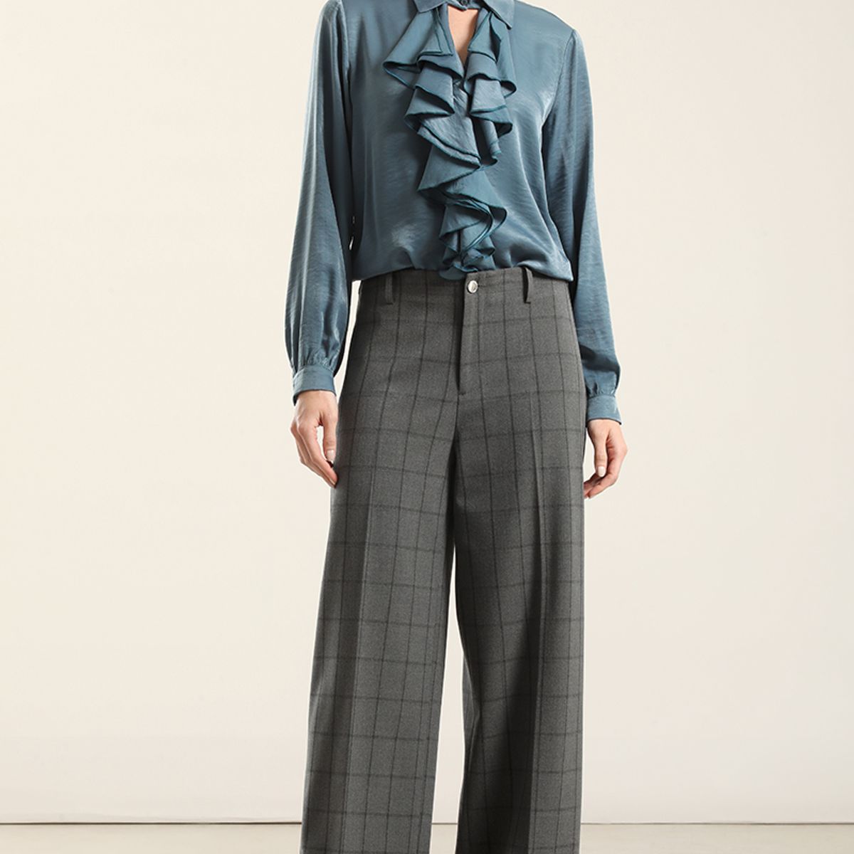 LIOLA - Pantalon Ancho Cuadros Fantasia, Gris Liola