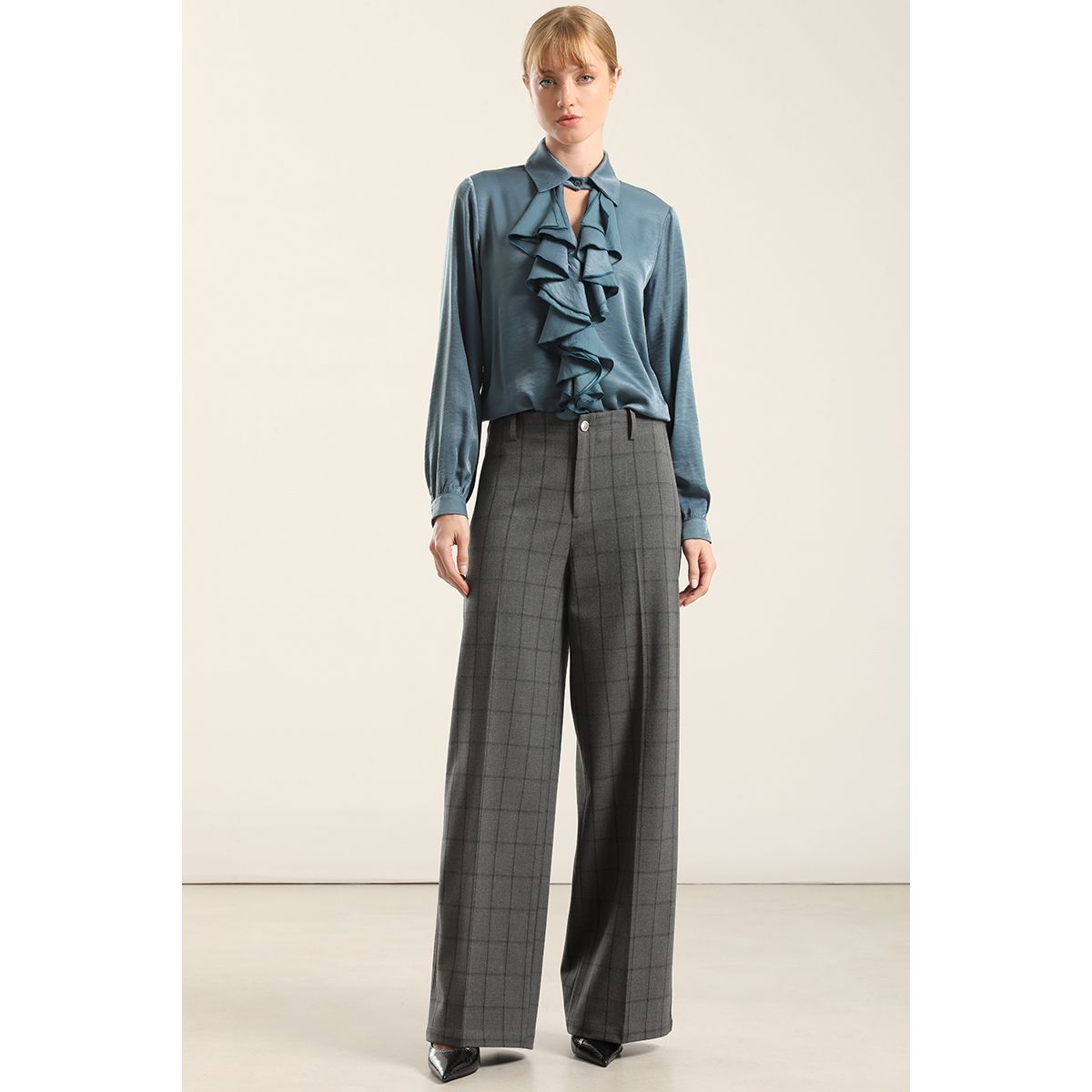 LIOLA - Pantalon Ancho Cuadros Fantasia, Gris Liola