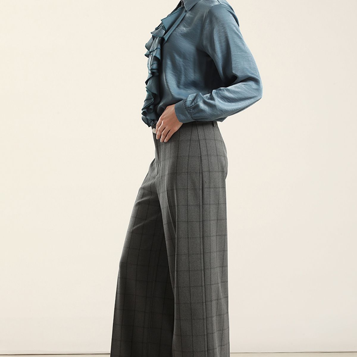 LIOLA - Pantalon Ancho Cuadros Fantasia, Gris Liola