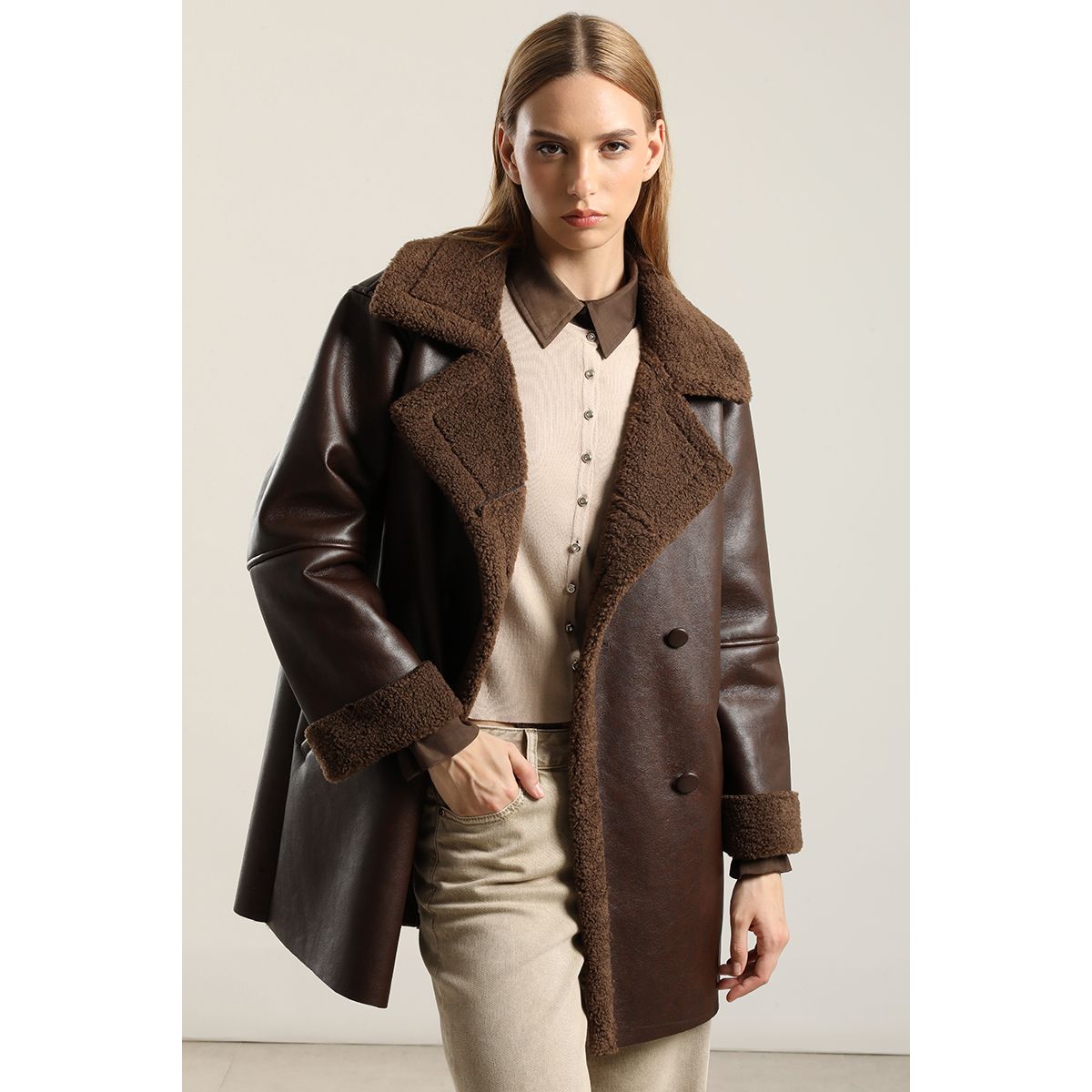 LIOLA - Chaqueton Efecto Cuero Piel,Chocolate Liola