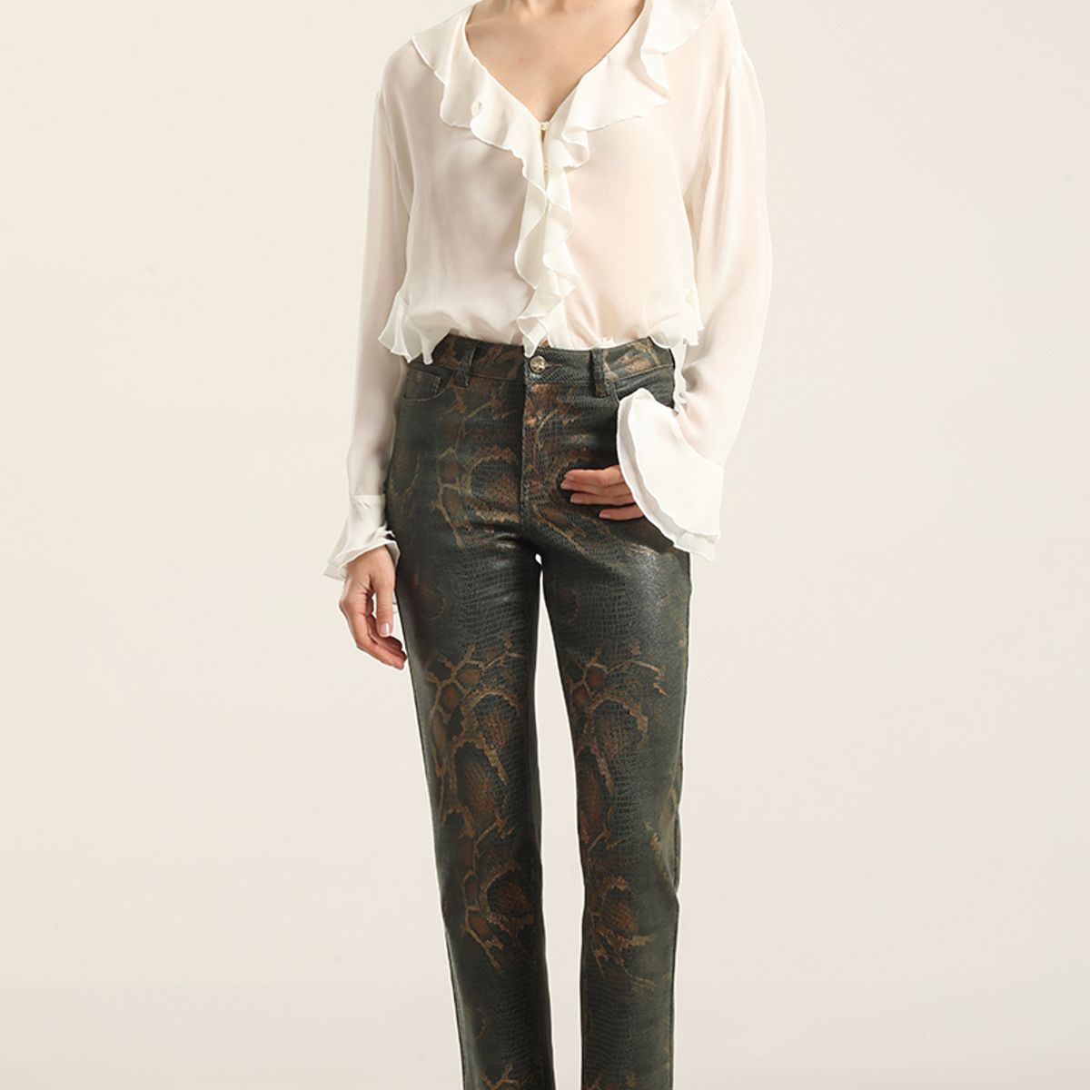 LIOLA - Pantalon Pitillo Folia Piton, Verde Liola