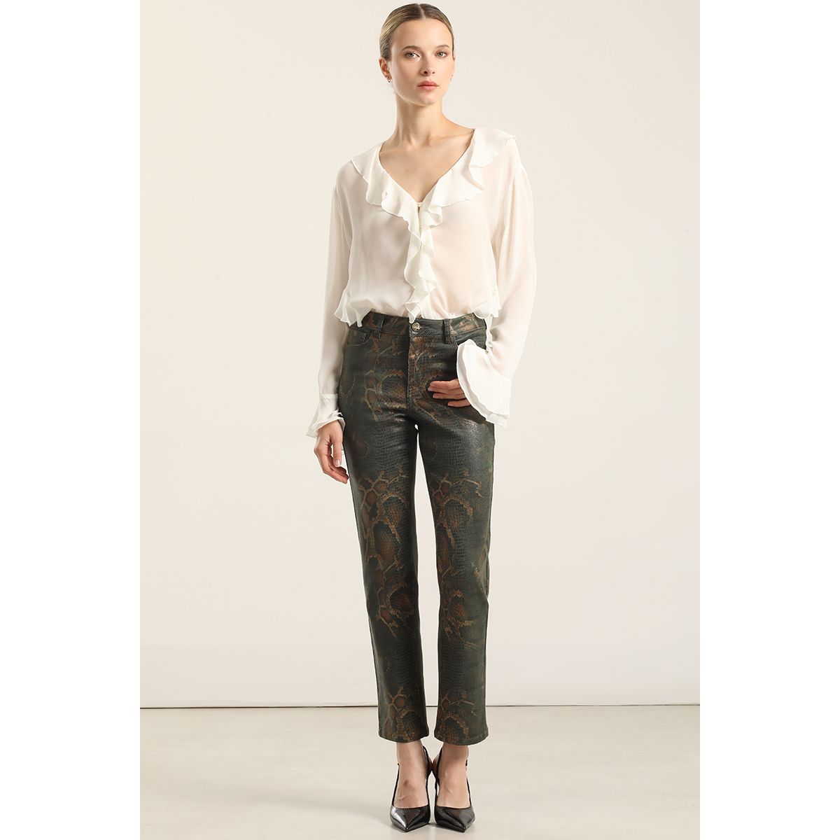 LIOLA - Pantalon Pitillo Folia Piton, Verde Liola